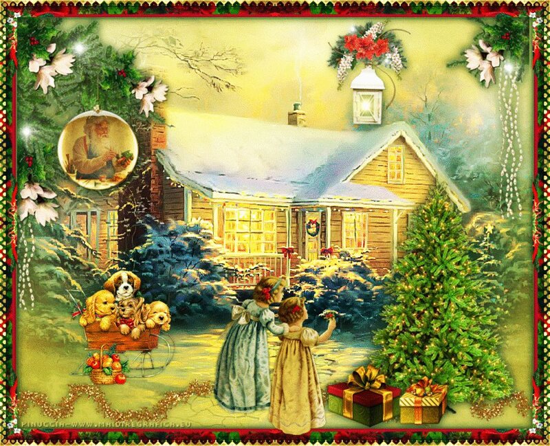 Children Decorating Tree — Green, Festive, Winter, Illustration