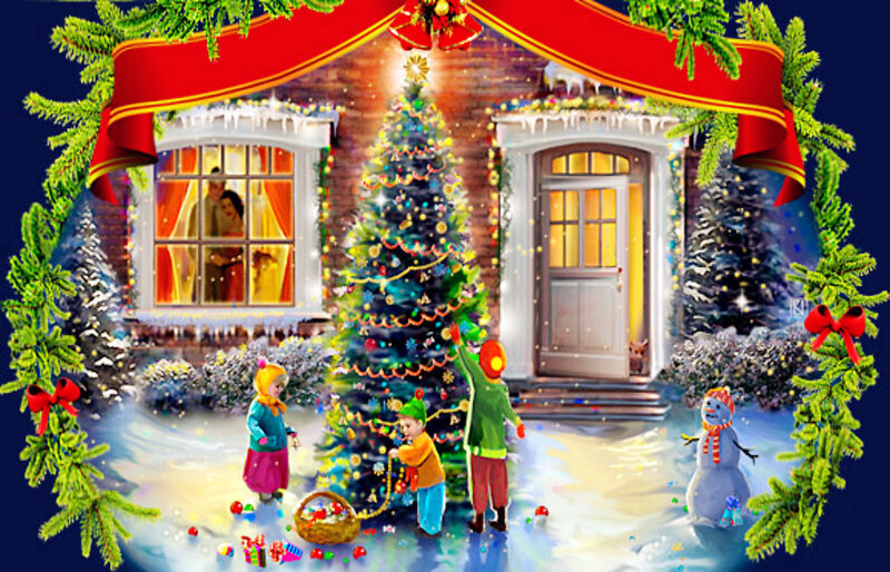Children Decorating Tree — Green, Festive, Winter