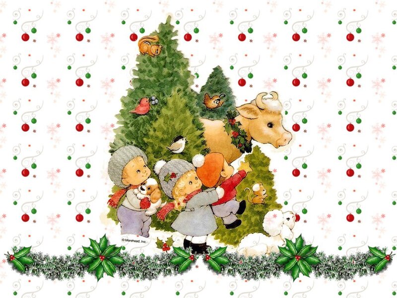 Children Decorating Tree — Green