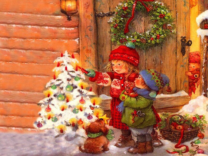 Children Decorating Tree — Red, Festive