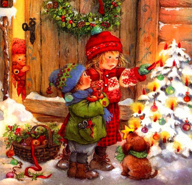 Children Decorating Tree — Red, Festive, Winter, Illustration, Dog