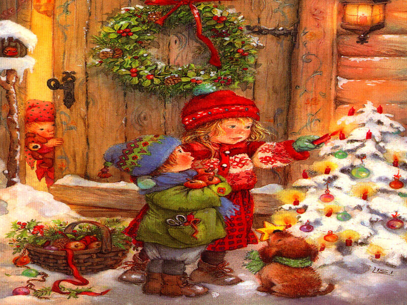 Children Decorating Tree — Red, Festive, Winter, Illustration