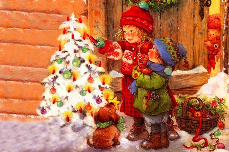 Children Decorating Tree — Red, Festive, Winter