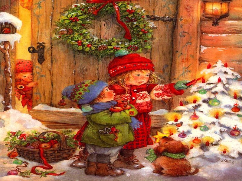 Children Decorating Tree — Red