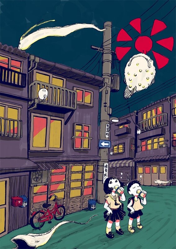 Children drinking in a surreal alley