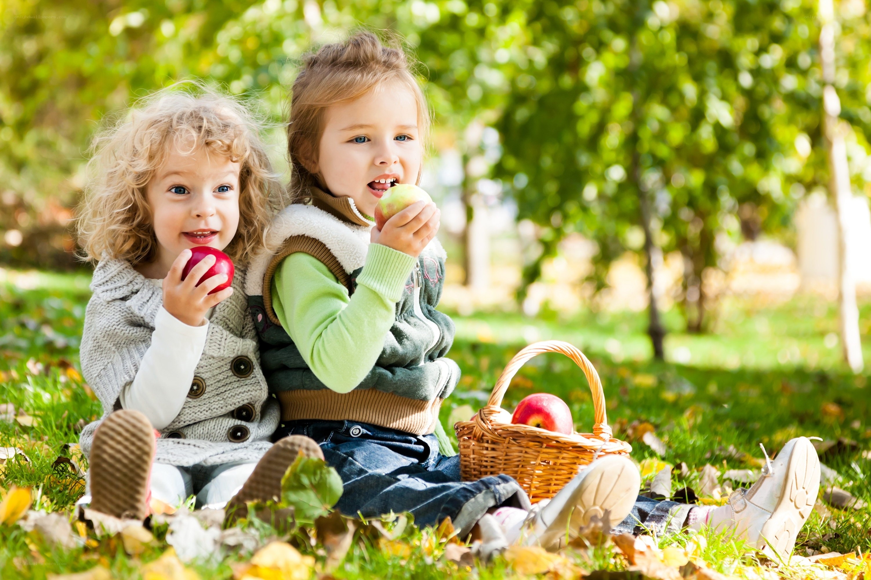 Children eating apples in park