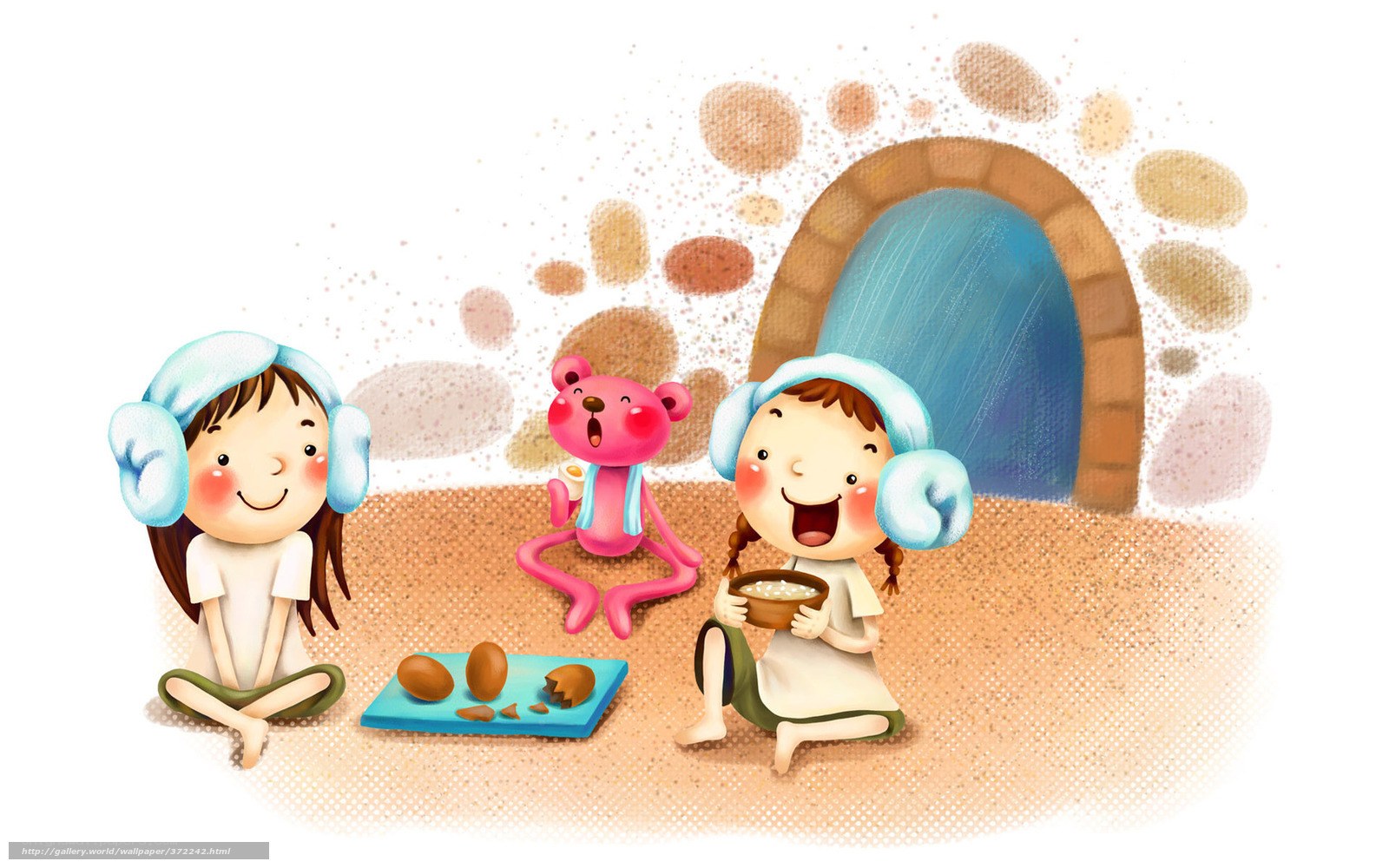 Children eating with a teddy bear