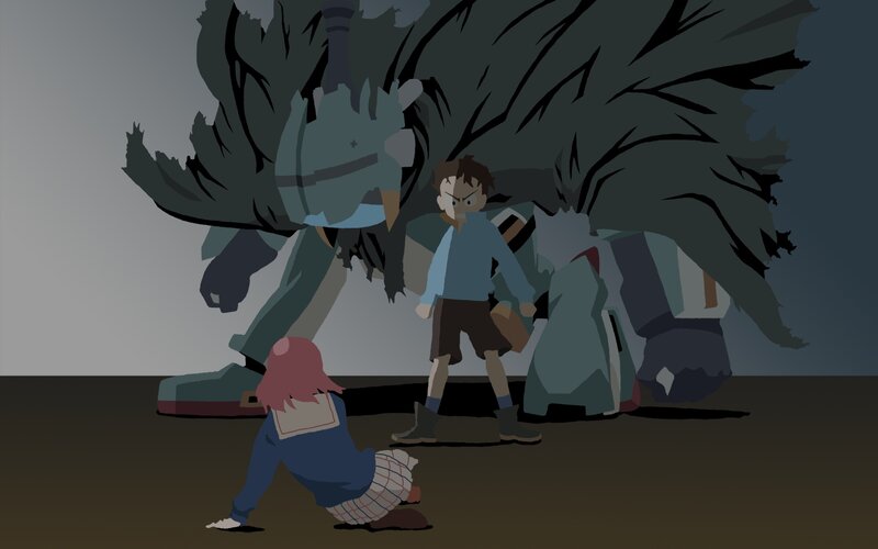 Children facing a giant robot