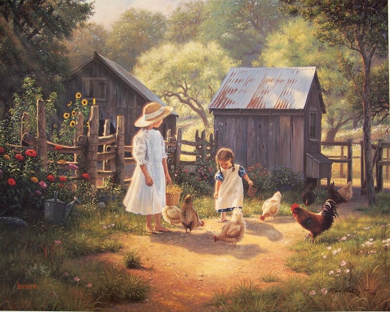 Children feeding chickens in a garden