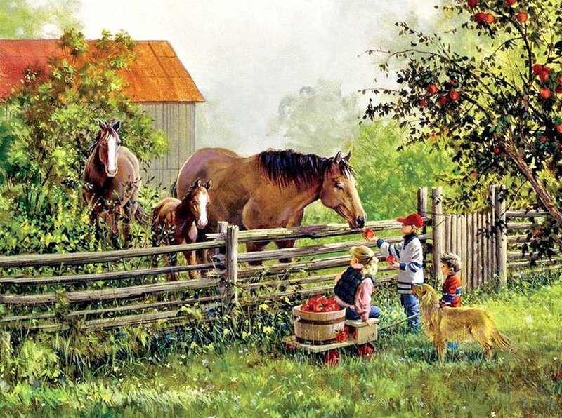 Children Feeding Horses — Green, Peaceful