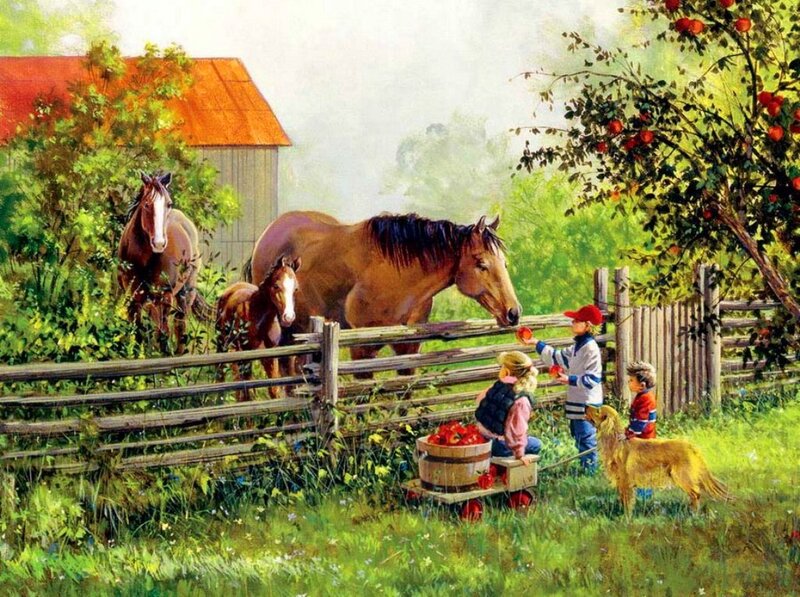 Children Feeding Horses — Green