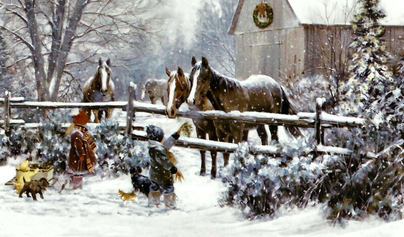 Children Feeding Horses — White