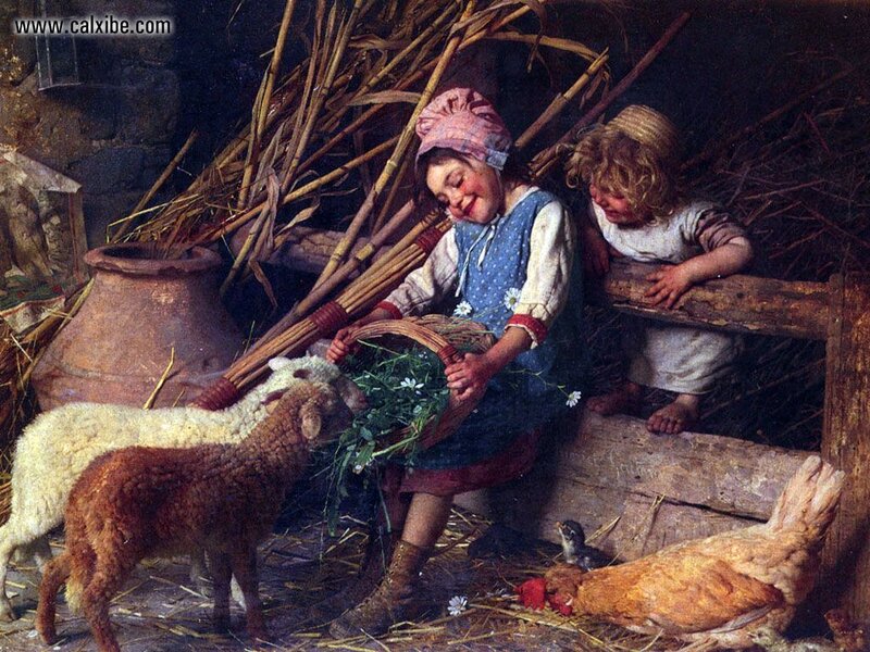 Children feeding lambs in a barn