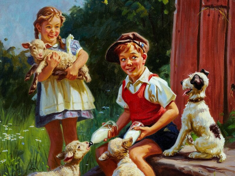 Children Feeding Lambs