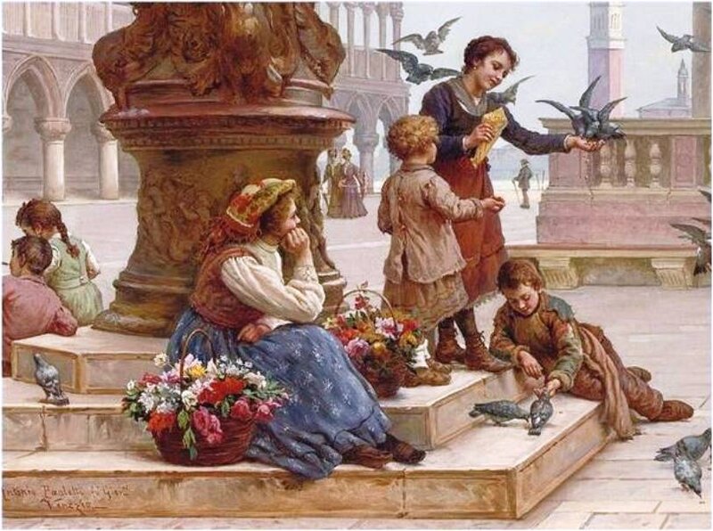 Children Feeding Pigeons