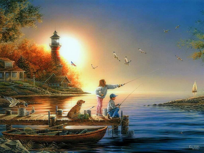 Children Fishing at Dock