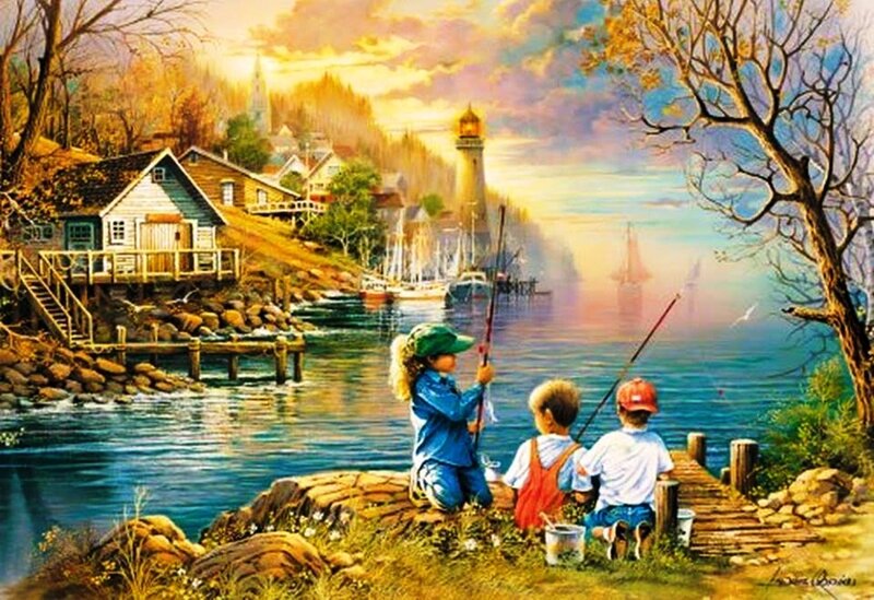 Children Fishing by a Harbor