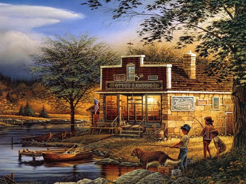 Children Fishing by Lake — Brown