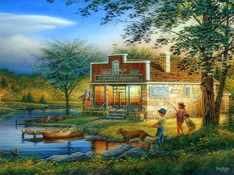 Children Fishing by Lake — Green