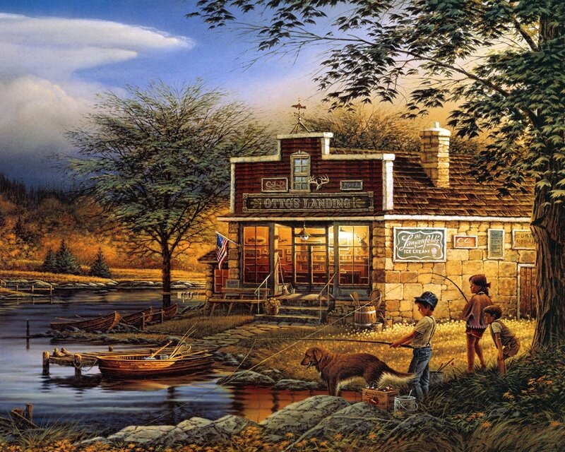 Children Fishing by Lake