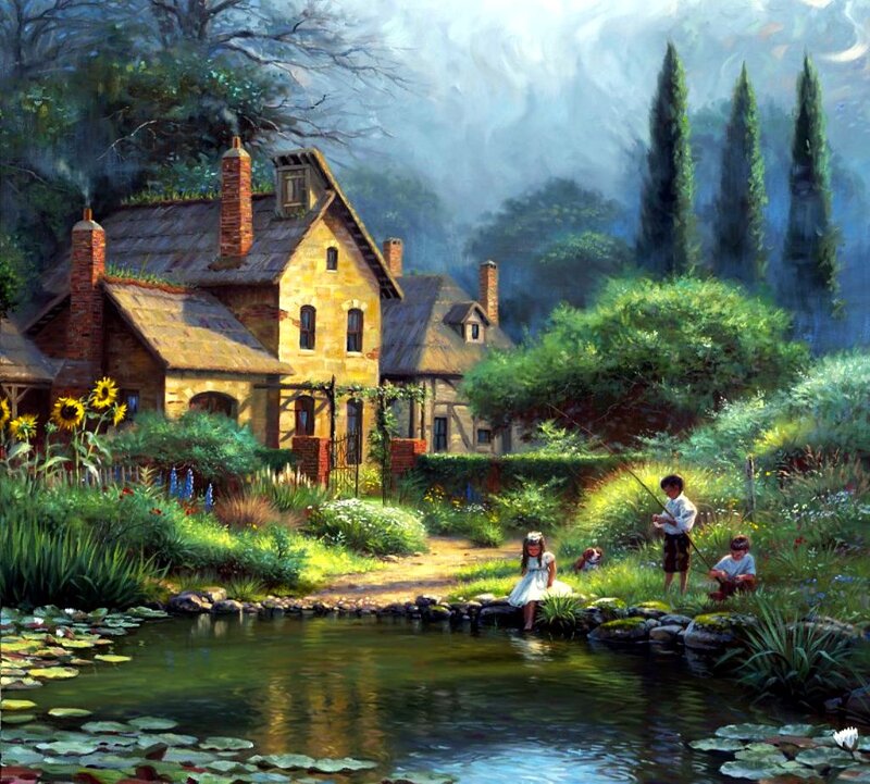 Children Fishing by Pond — Green, Serene, Afternoon