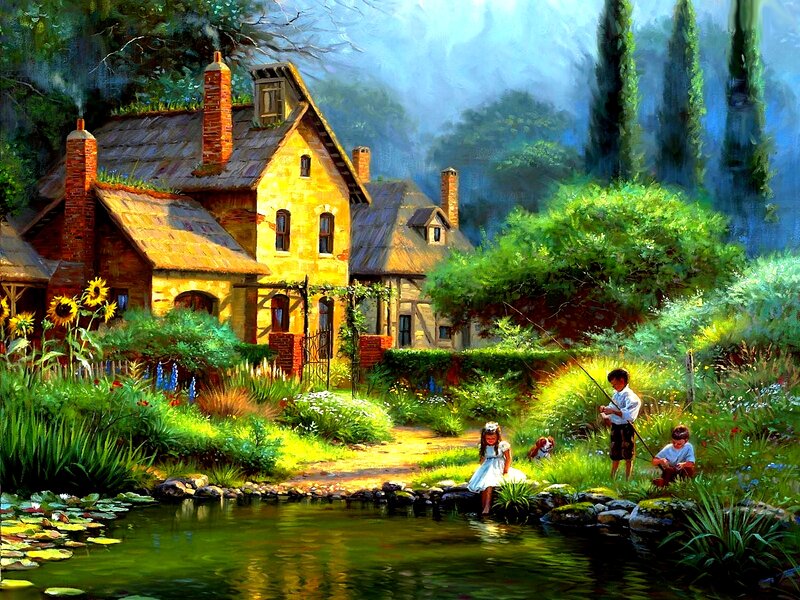 Children Fishing by Pond — Green