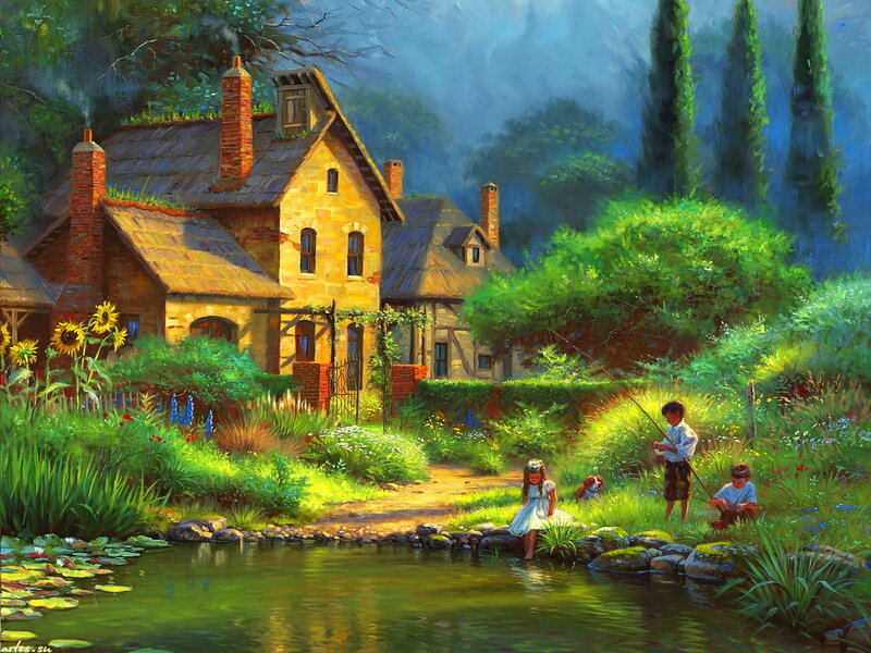Children Fishing by Pond