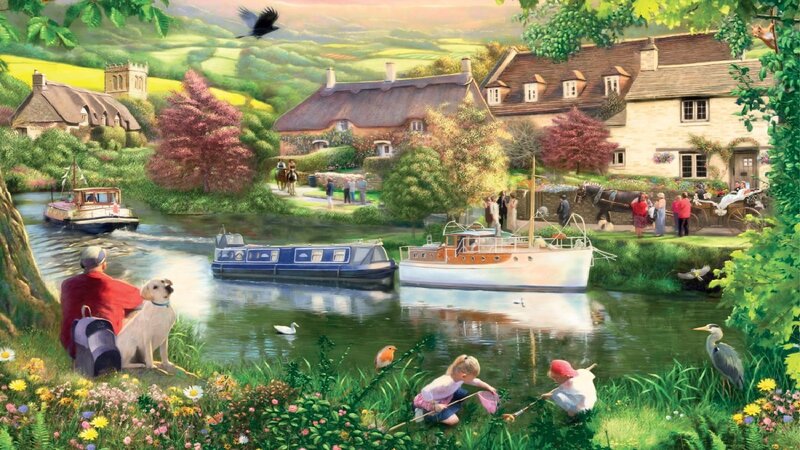Children Fishing by River — Green