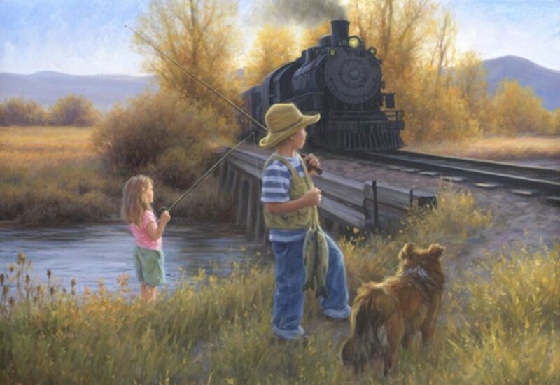 Children Fishing by River