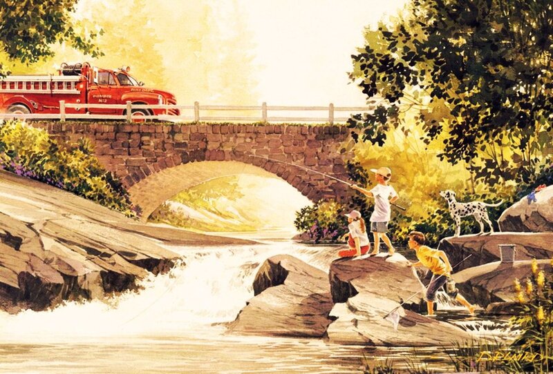 Children Fishing by River — Yellow