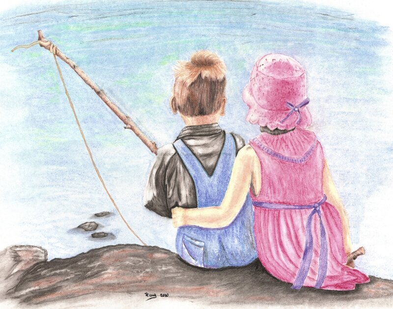 Children fishing by the water
