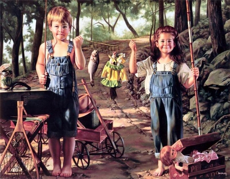 Children fishing in the woods