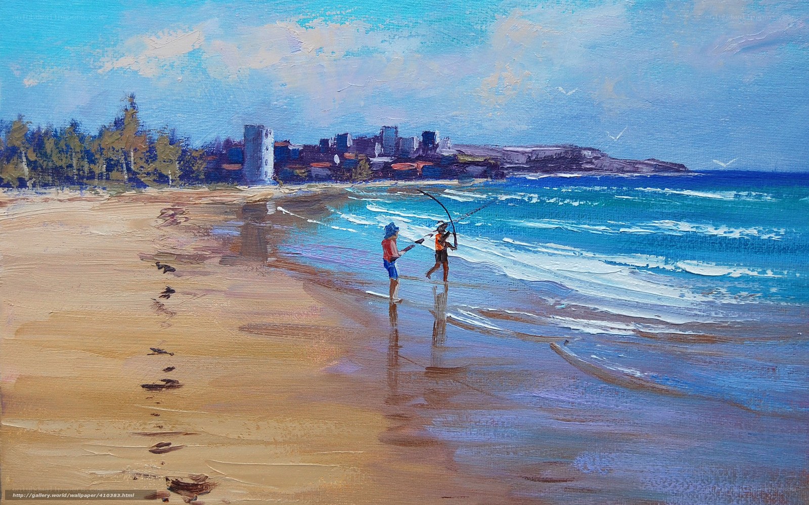 Children fishing on a beach