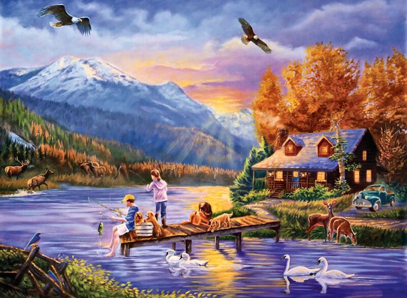 Children Fishing on Dock — Blue, Serene, Sunset, Painting