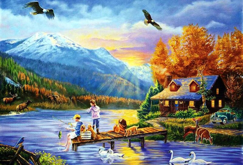 Children Fishing on Dock — Blue, Serene, Sunset
