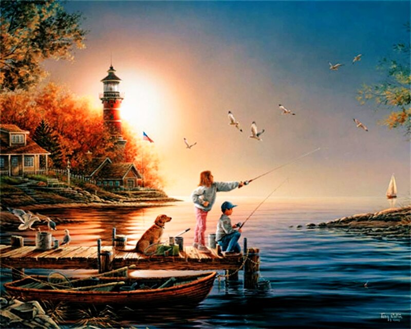 Children Fishing on Dock — Blue, Serene