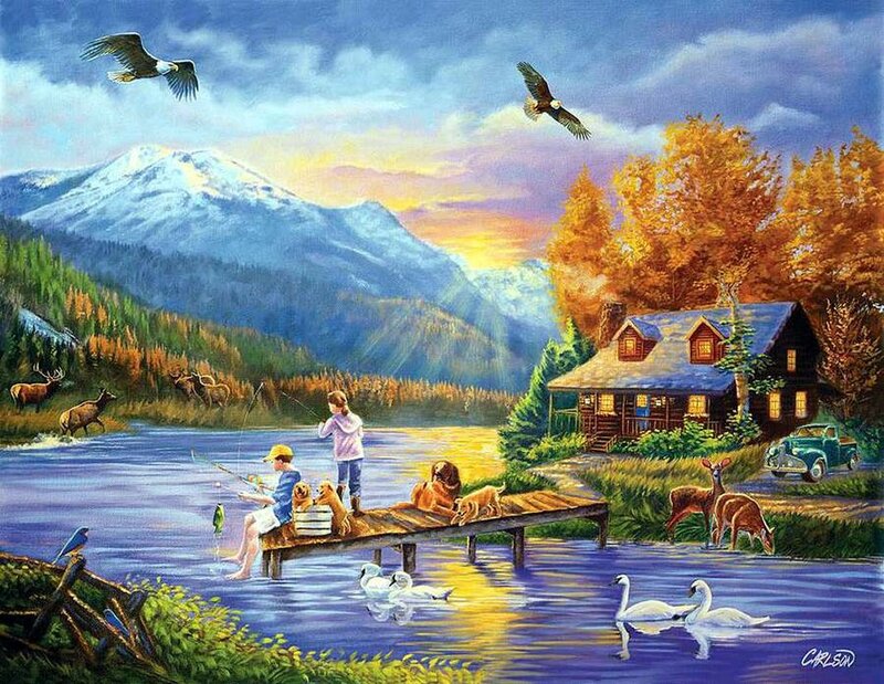 Children Fishing on Dock — Blue