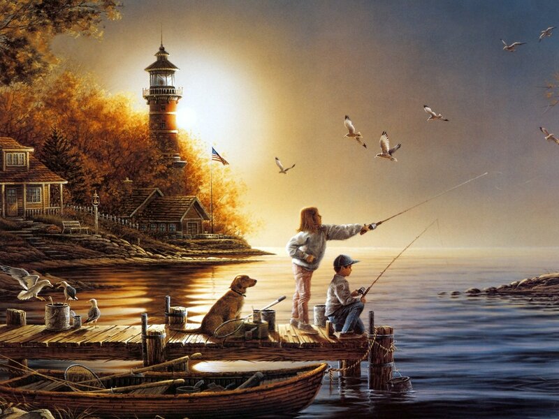 Children Fishing on Dock — Golden