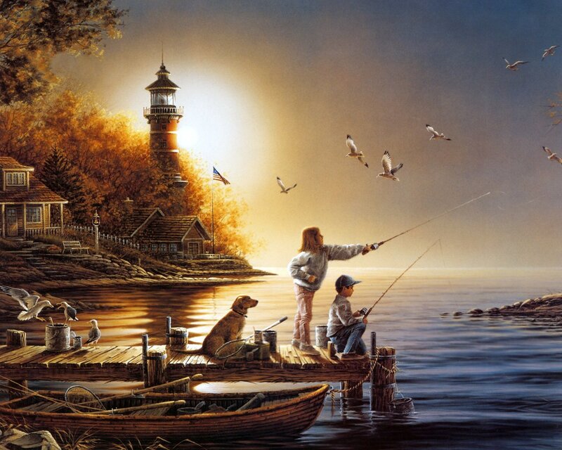 Children Fishing on Dock