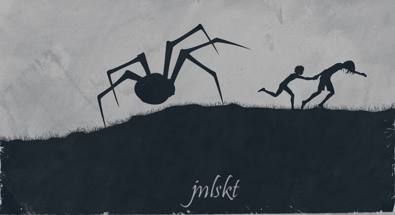 Children fleeing giant spider