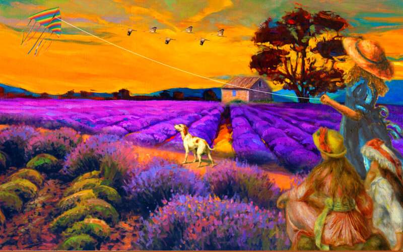 Children Flying Kite — Purple