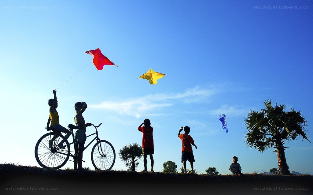 Children flying kites at sunset