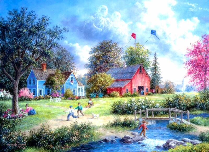 Children Flying Kites — Blue, Peaceful