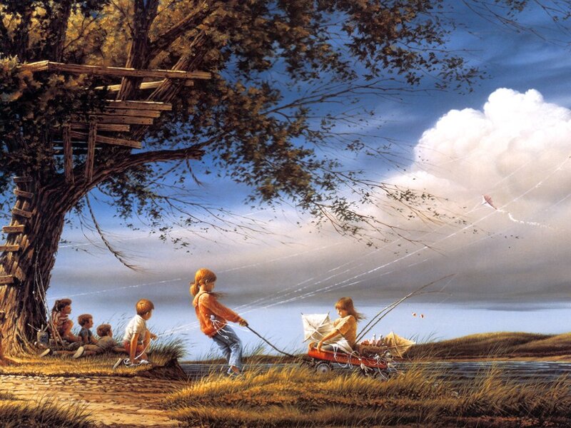 Children Flying Kites — Blue, Serene