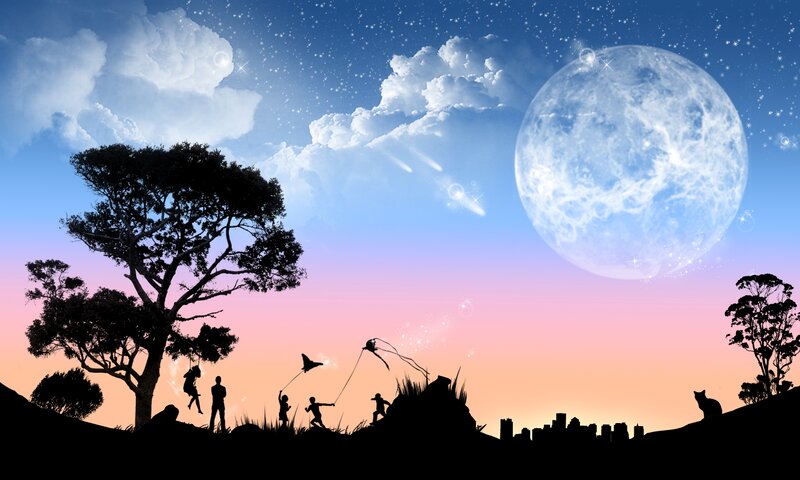 Children Flying Kites — Blue