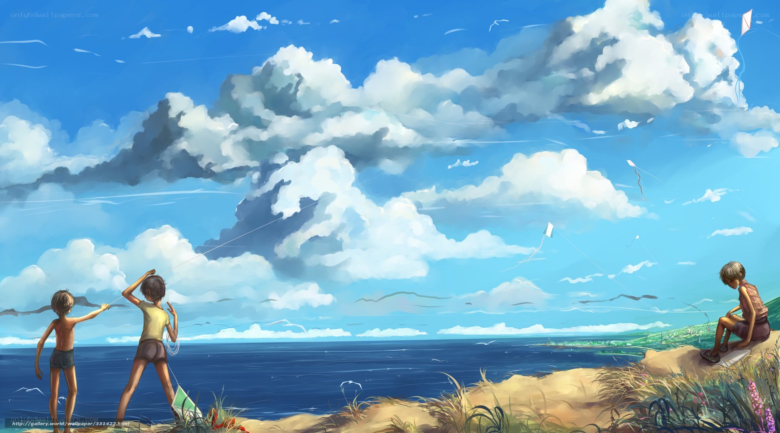 Children flying kites on a cliff