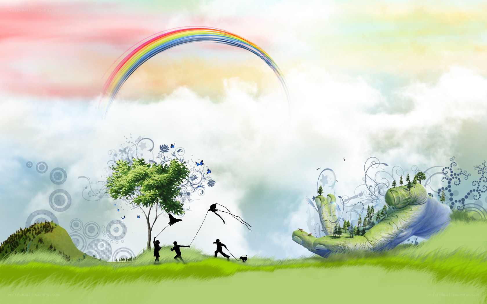 Children flying kites under rainbow