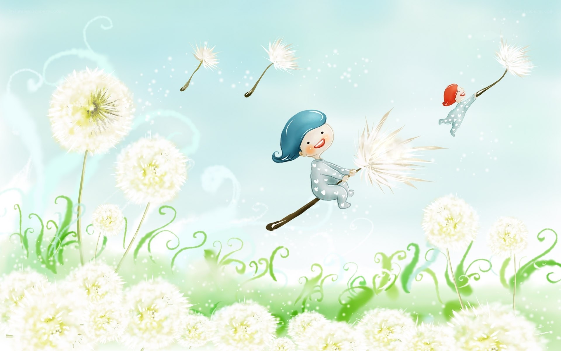 Children flying on dandelion seeds
