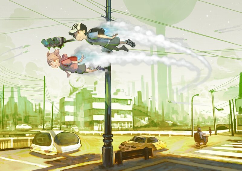 Children flying over city street