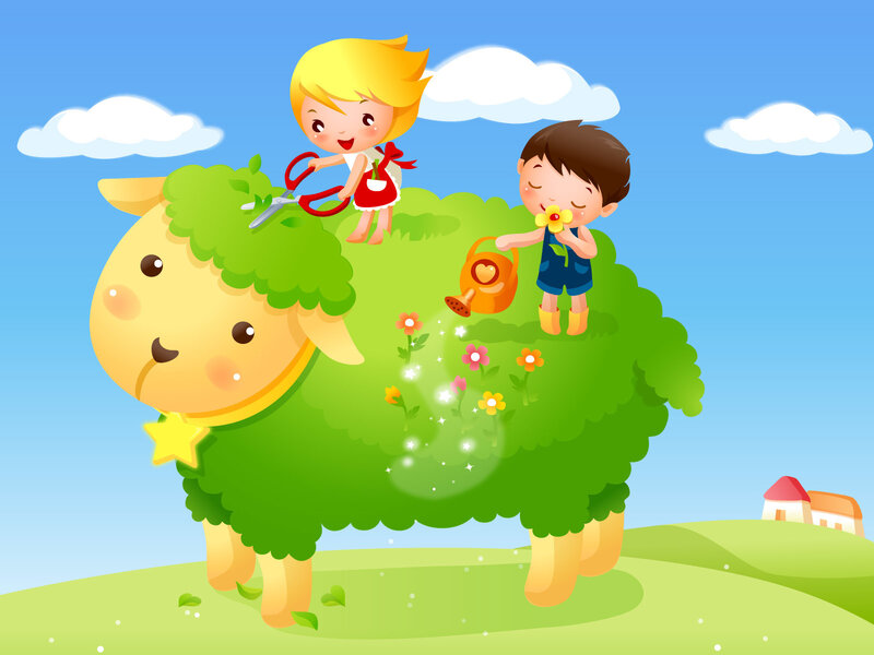 Children Grooming Sheep